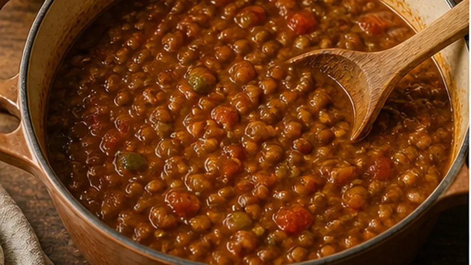 Cook until lentils yield for High-Fiber Lentil Taco Soup
