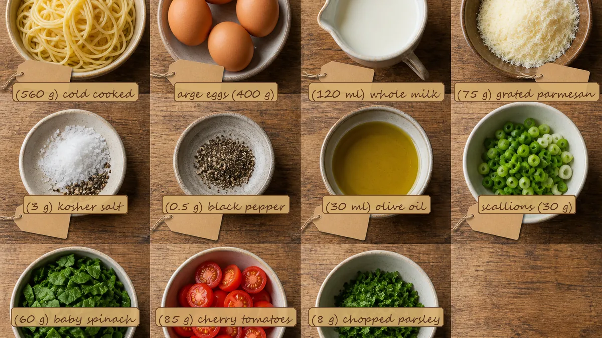 All ingredients for Leftover Spaghetti Frittata, labeled