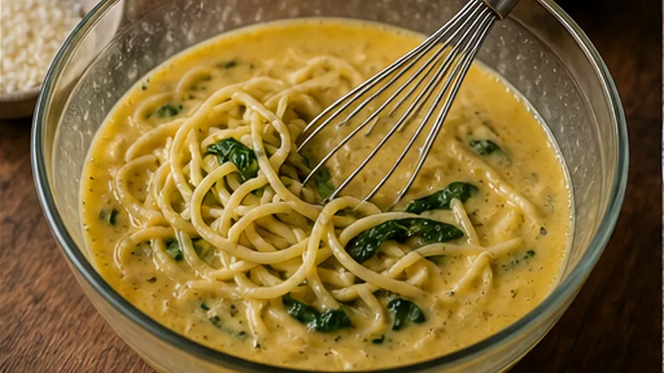 Whisk eggs with Parmesan for Leftover Spaghetti Frittata