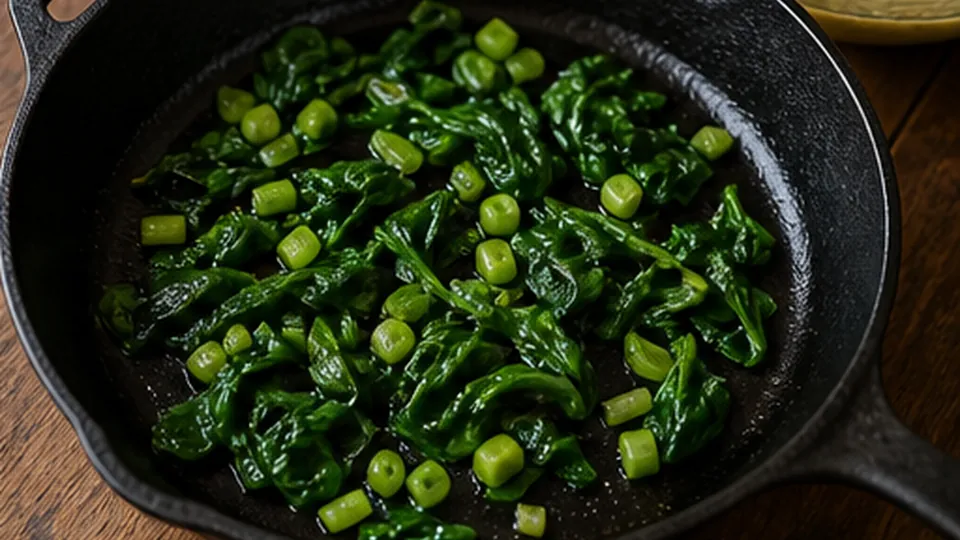 Wilt scallions and spinach for Leftover Spaghetti Frittata