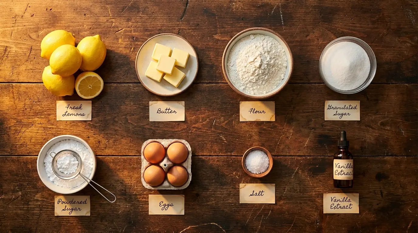 All ingredients for Classic Lemon Bars, labeled