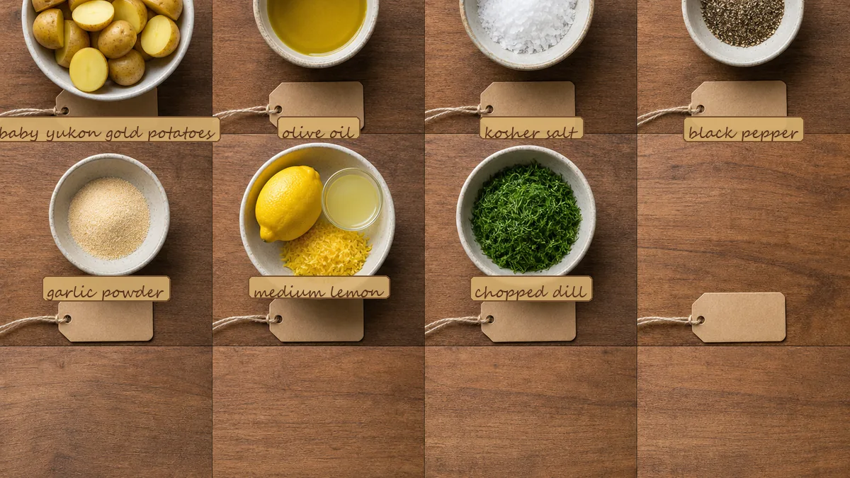 All ingredients for Lemon Dill Roasted Potatoes, labeled