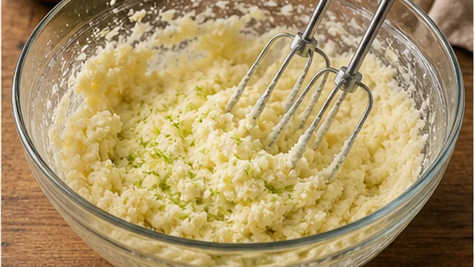 Cream the butter and sugar for Lime Coconut Shortbread Bars