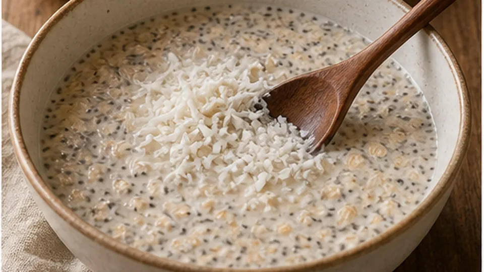 Stir in oats and chia for Mango Coconut Chia Oat Pots