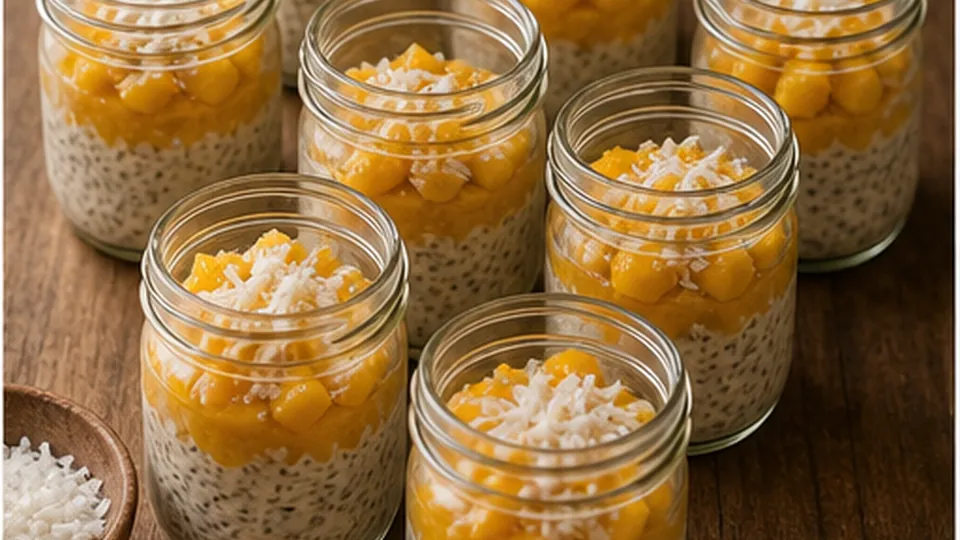 Layer into clean jars for Mango Coconut Chia Oat Pots