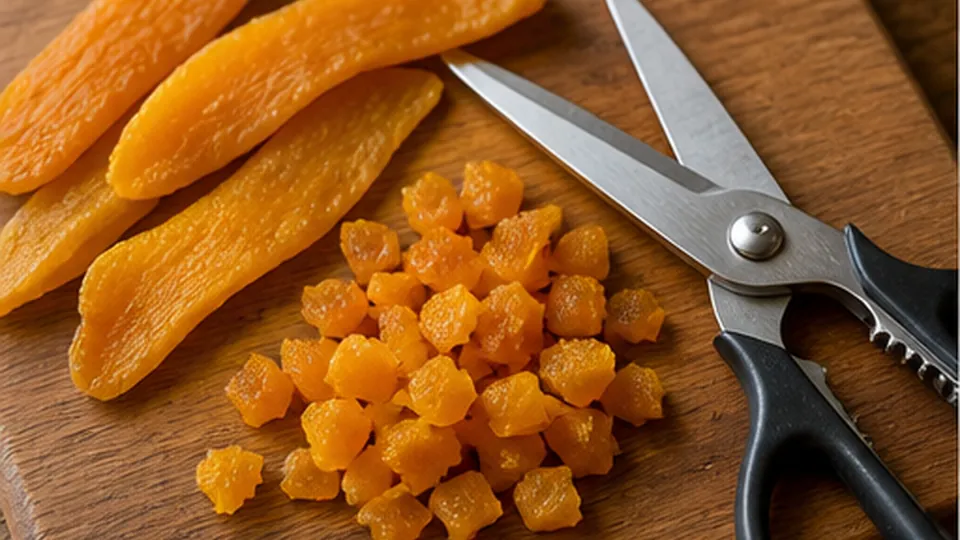 Cut the dried mango small for Mango Lime Coconut Snack Balls