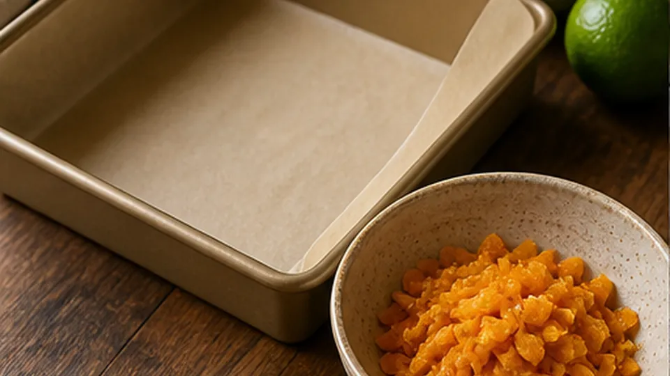 Line pan and snip mango for Mango Lime Oat Fridge Squares