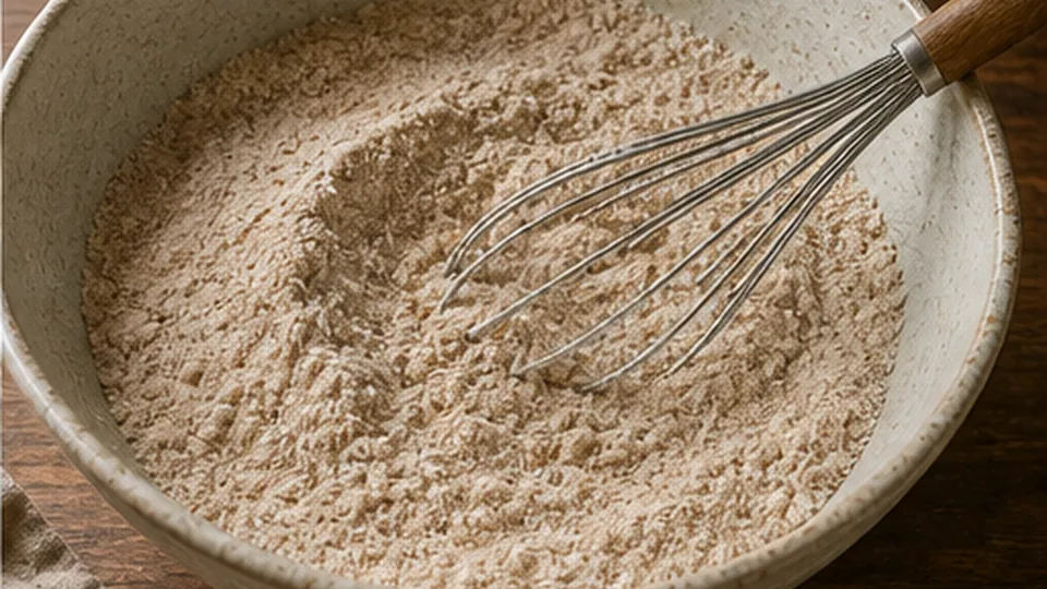 Whisk the two flours for Maple Pecan Rye Muffins