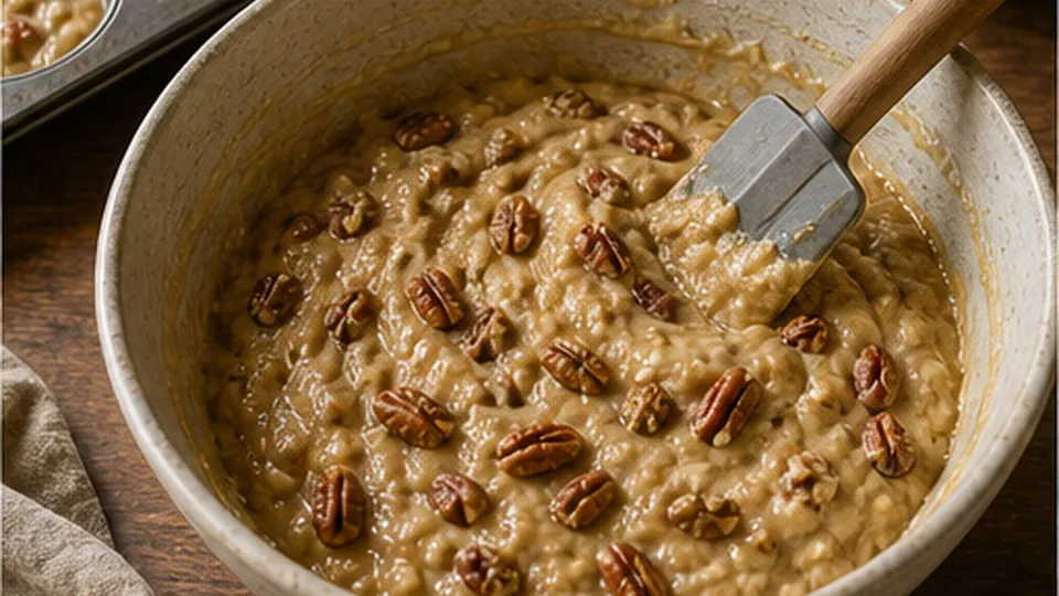 Fold and fill the wells for Maple Pecan Rye Muffins