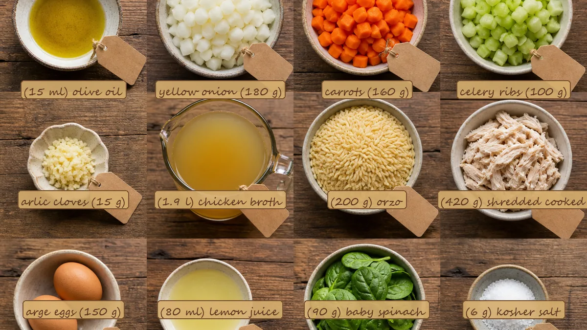 All ingredients for Mediterranean Lemon Chicken Soup with Orzo, labeled
