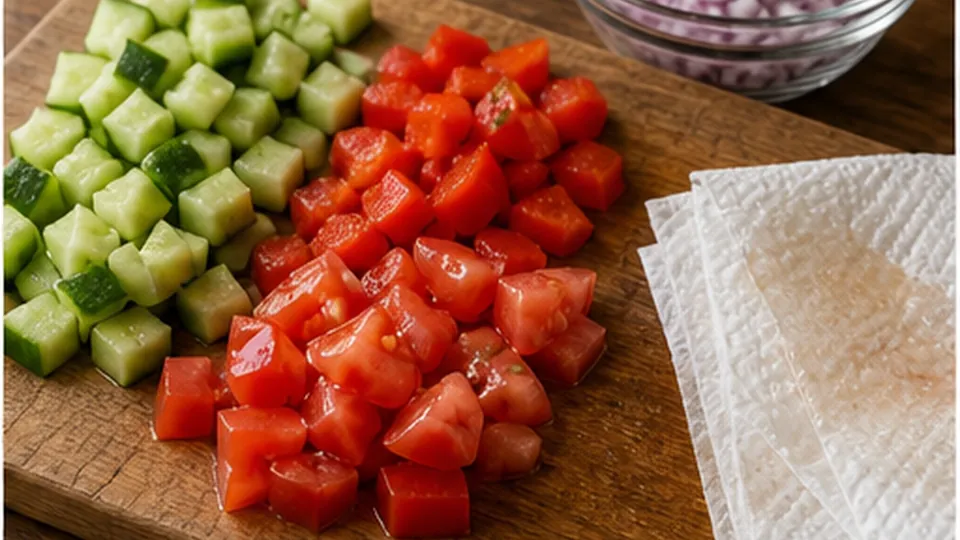 Dice and blot vegetables for Mediterranean White Bean Salad