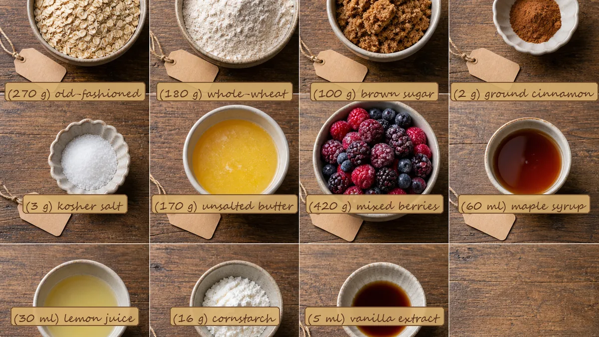 All ingredients for Mixed Berry Oat Breakfast Bars, labeled