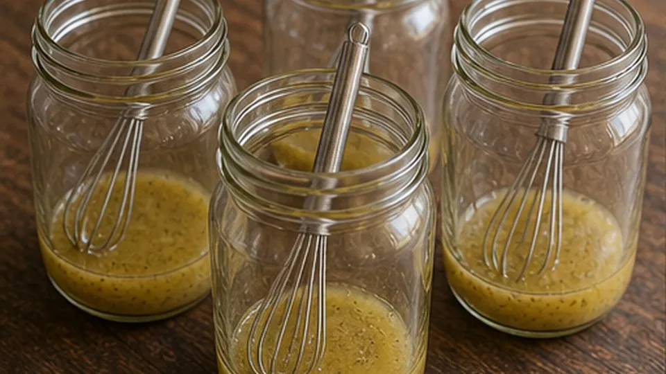 Whisk dressing into the jars for Mushroom Barley Lunch Jars