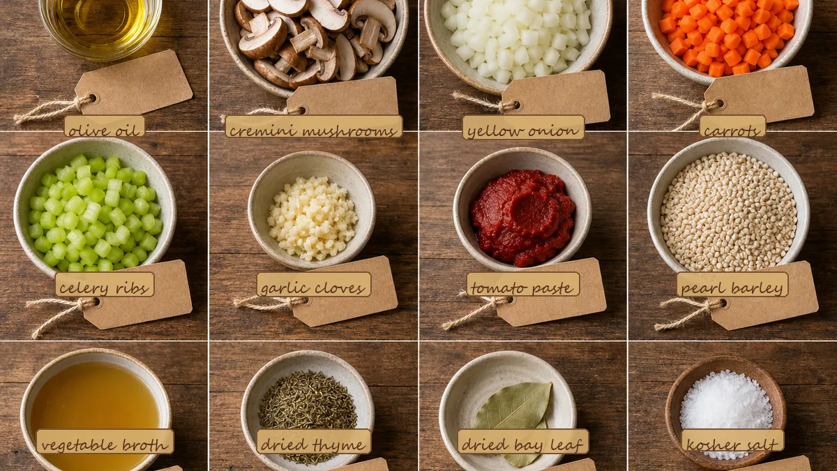 All ingredients for Mushroom Barley Soup, labeled