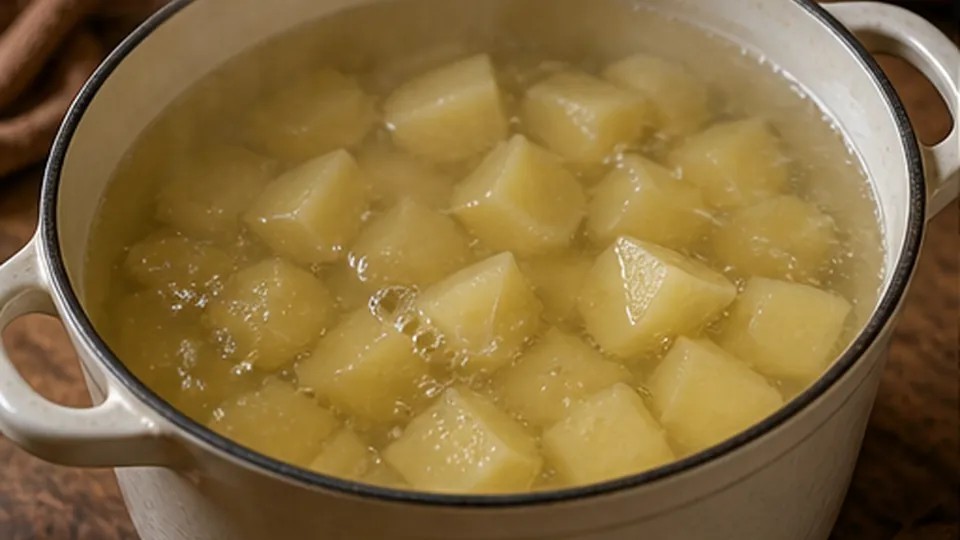 Boil potatoes until crushable for Mushroom Lentil Shepherd’s Pie