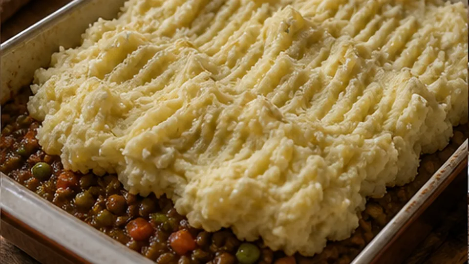 Layer and rake the top for Mushroom Lentil Shepherd’s Pie