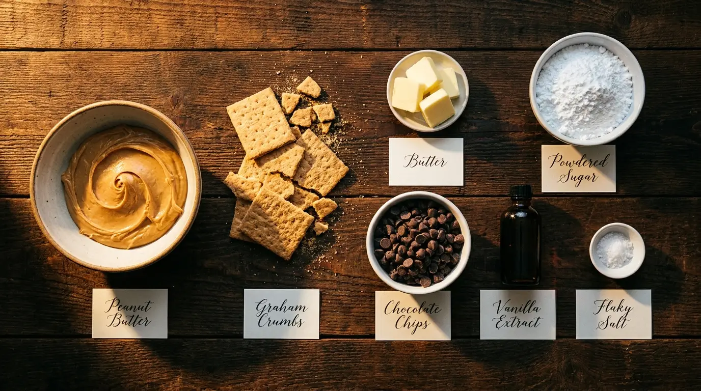 All ingredients for No-Bake Chocolate Peanut Butter Bars, labeled