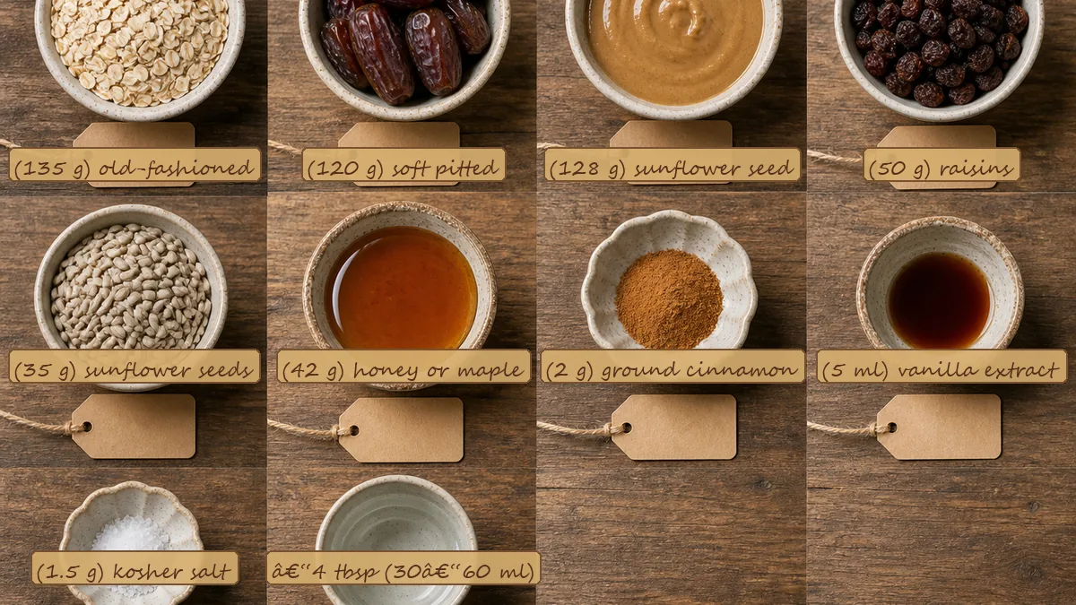 All ingredients for Oatmeal Raisin Energy Bites, labeled