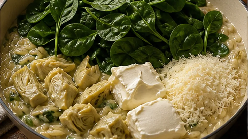 Wilt spinach, melt cheese for One-Pot Spinach Artichoke Orzo