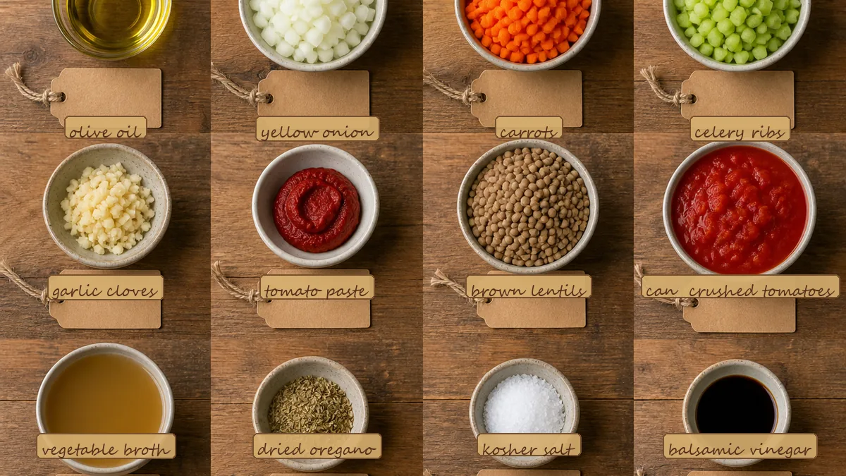 All ingredients for Pantry Lentil Bolognese, labeled