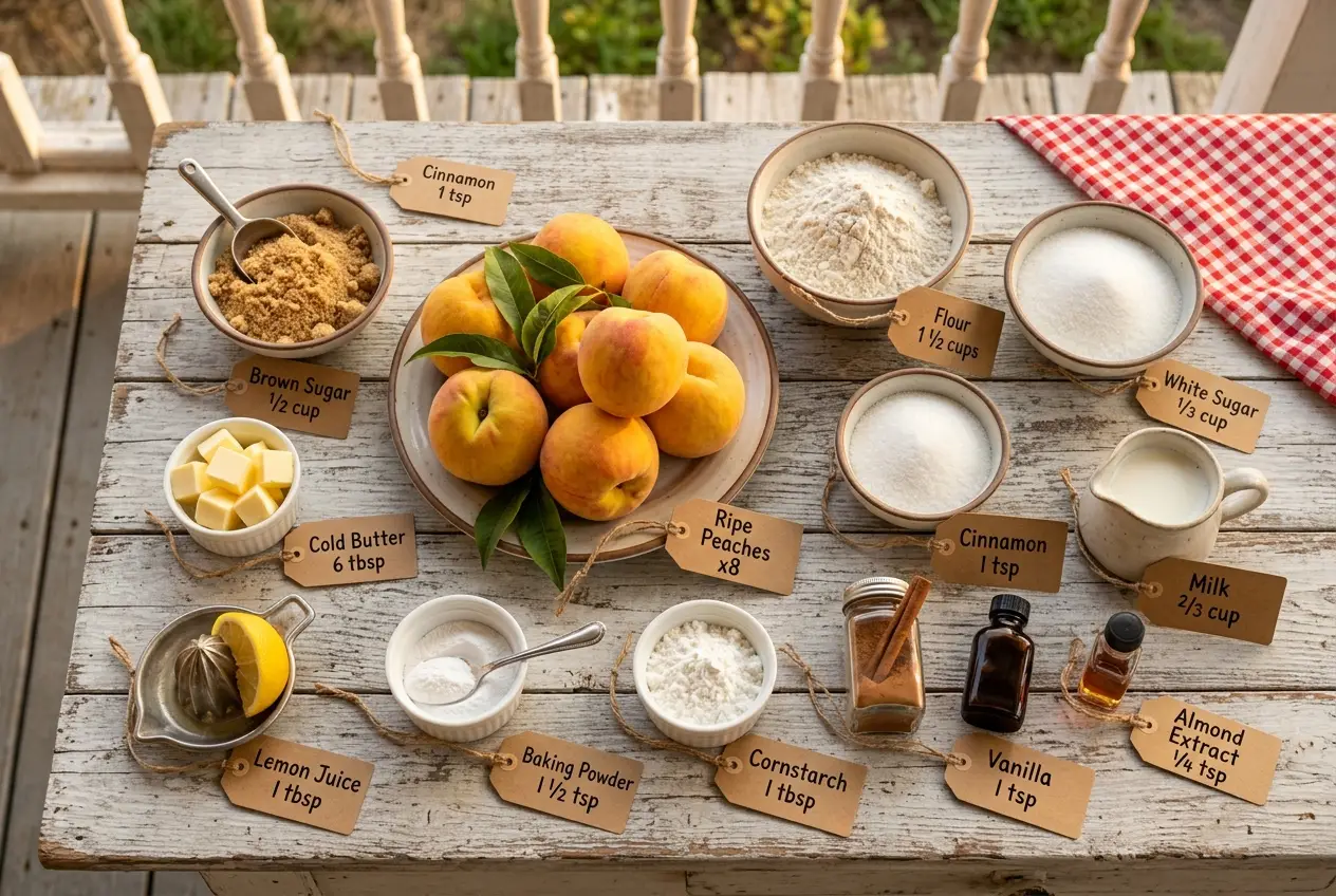All ingredients for Southern Peach Cobbler, labeled