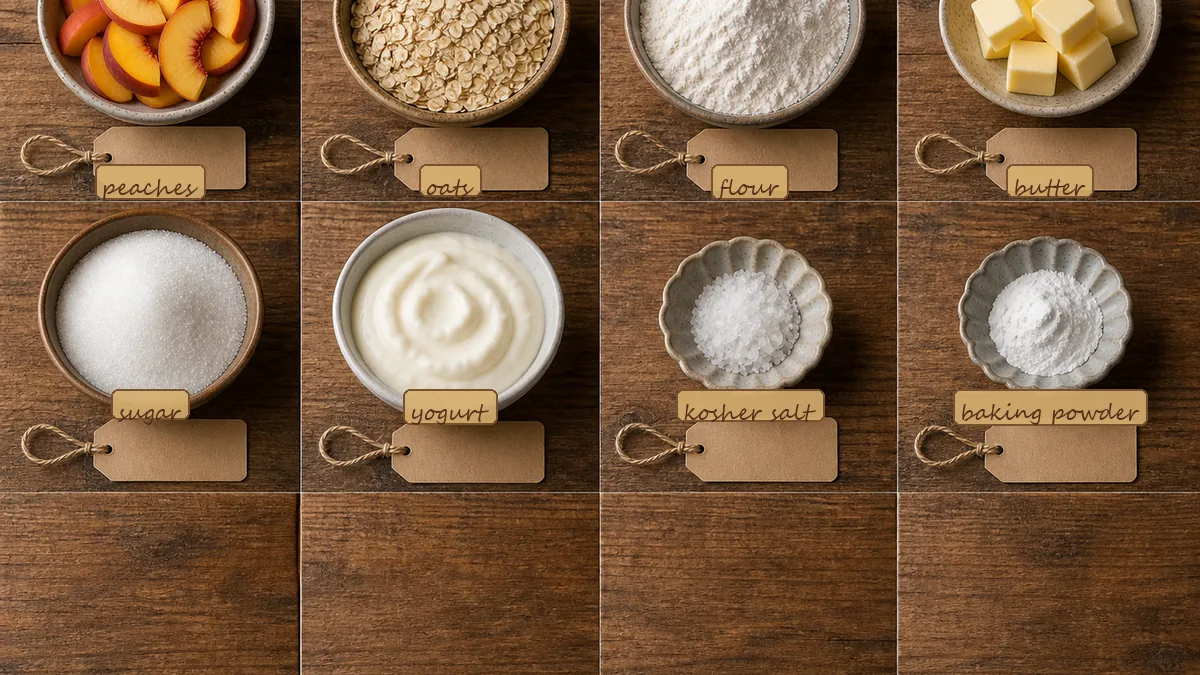 All ingredients for Peach Oat Crumble Cups, labeled