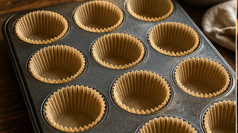 Line the pan, heat oven for Peach Oat Crumble Cups