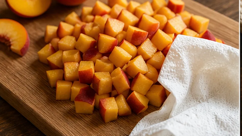 Dice and dry the peaches for Peach Oat Crumble Cups