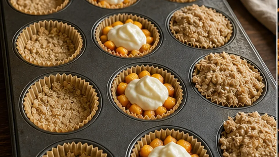 Fill and top the cups for Peach Oat Crumble Cups
