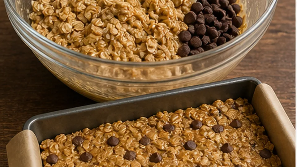 Fold, add chips, spread for Peanut Butter Banana Oat Bars