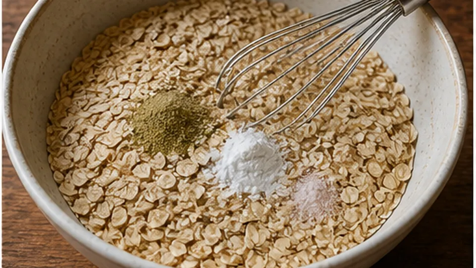 Whisk the dry oat mix for Pear Cardamom Baked Oat Squares