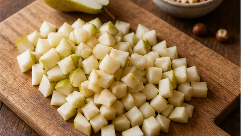 Dice pears, toast hazelnuts for Pear Cocoa Hazelnut Traybake