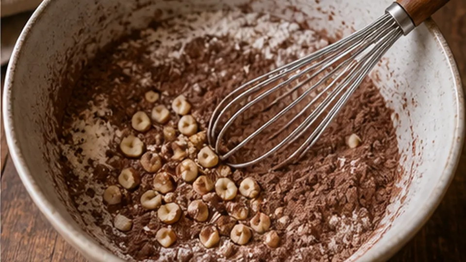 Whisk the cocoa dry mix for Pear Cocoa Hazelnut Traybake