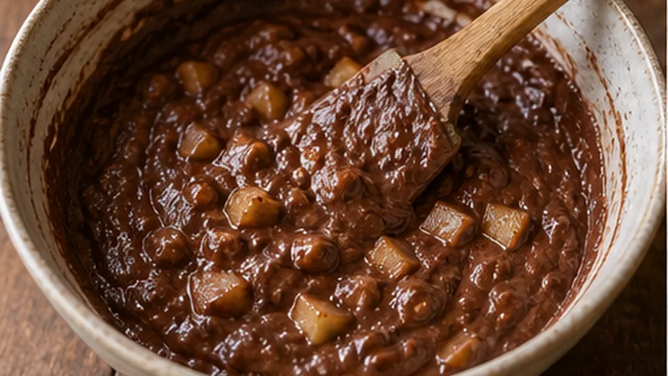 Combine wet and fold in pears for Pear Cocoa Hazelnut Traybake