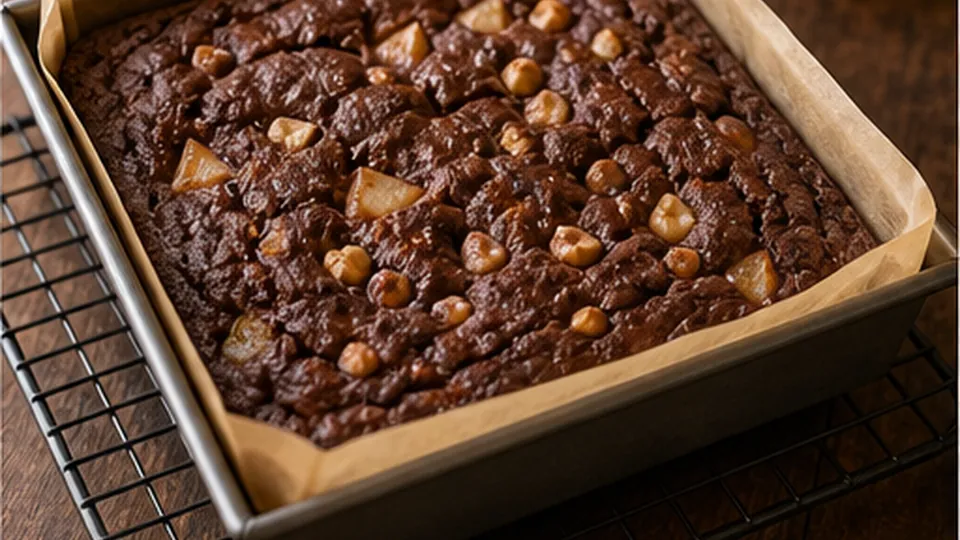 Bake until the center sets for Pear Cocoa Hazelnut Traybake