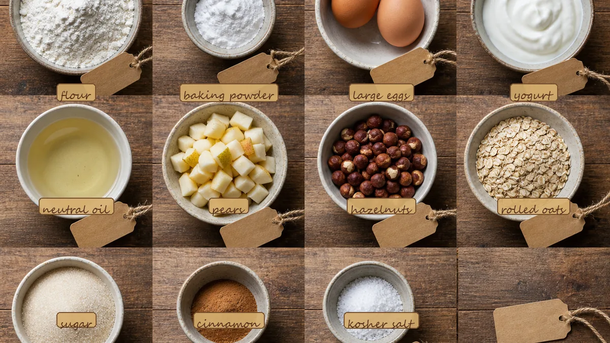 All ingredients for Pear Hazelnut Crumb Muffins, labeled