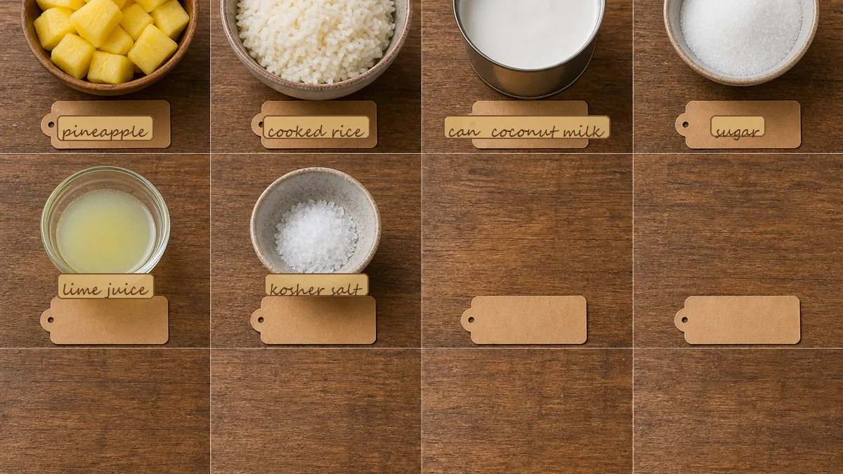 All ingredients for Pineapple Coconut Rice Pudding Pops, labeled