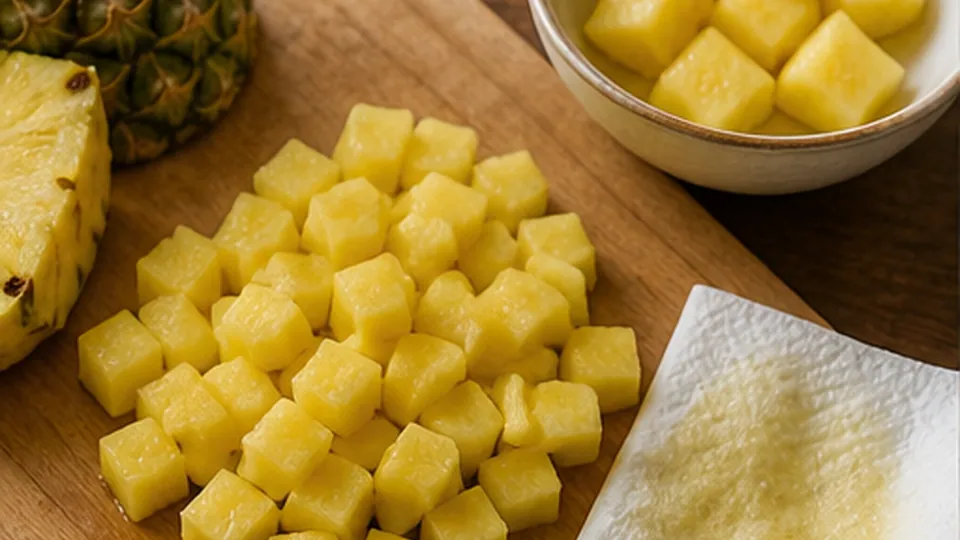 Dice and blot the pineapple for Pineapple Coconut Rice Pudding Pops
