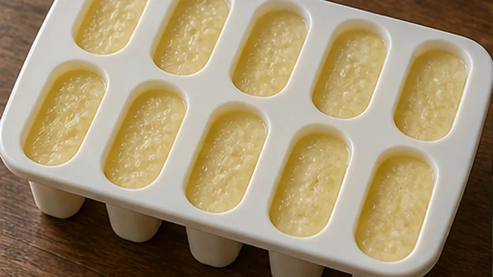 Fill the molds evenly for Pineapple Coconut Rice Pudding Pops