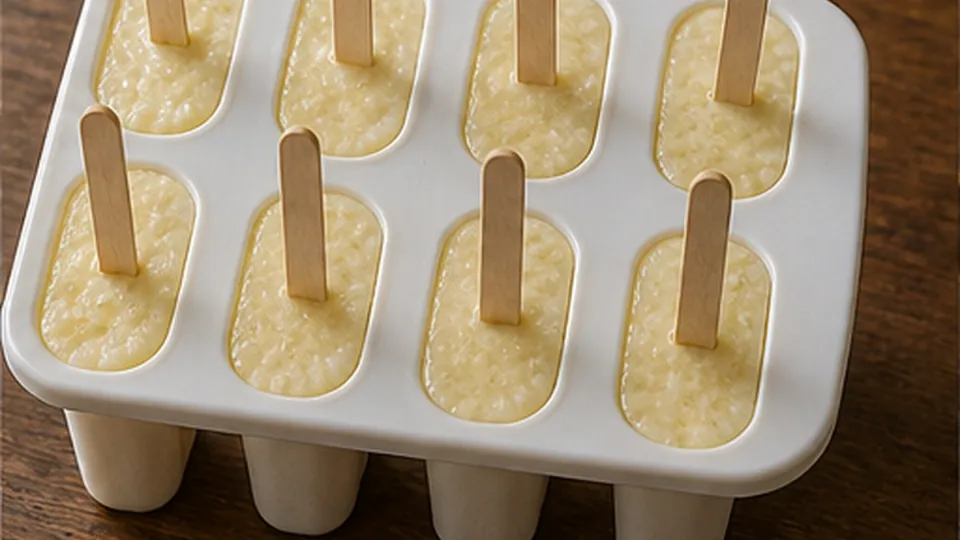 Add sticks and freeze for Pineapple Coconut Rice Pudding Pops