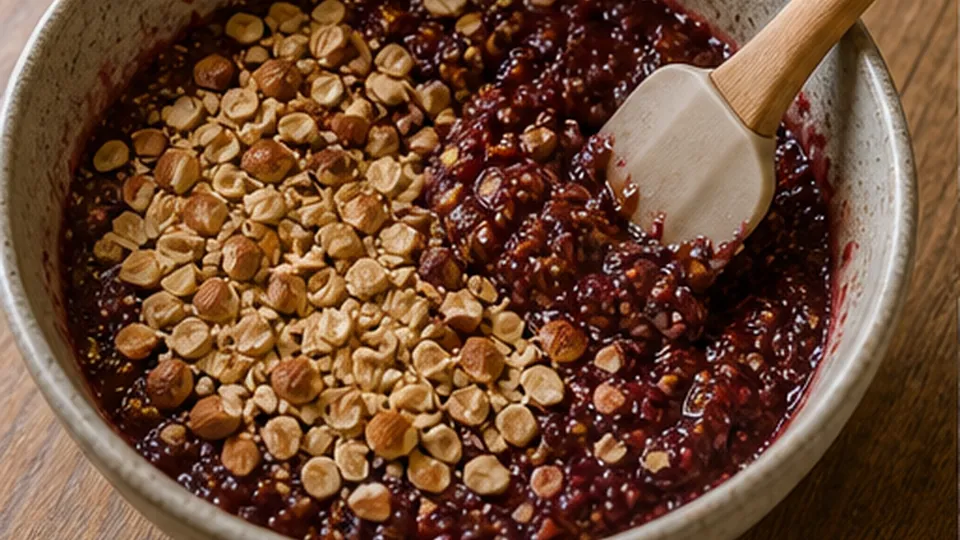 Stir the bar mixture for Plum Almond Chia Fridge Bars