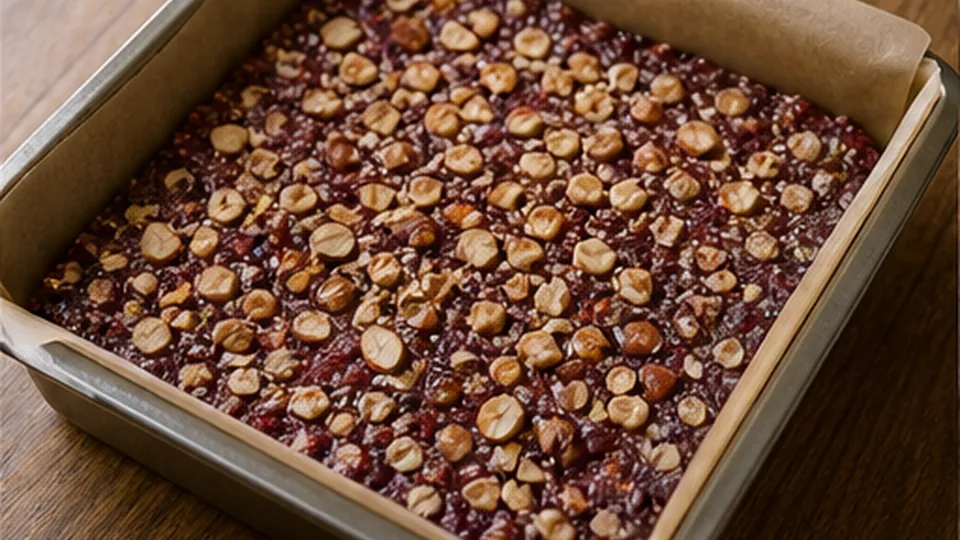 Press and level the pan for Plum Almond Chia Fridge Bars