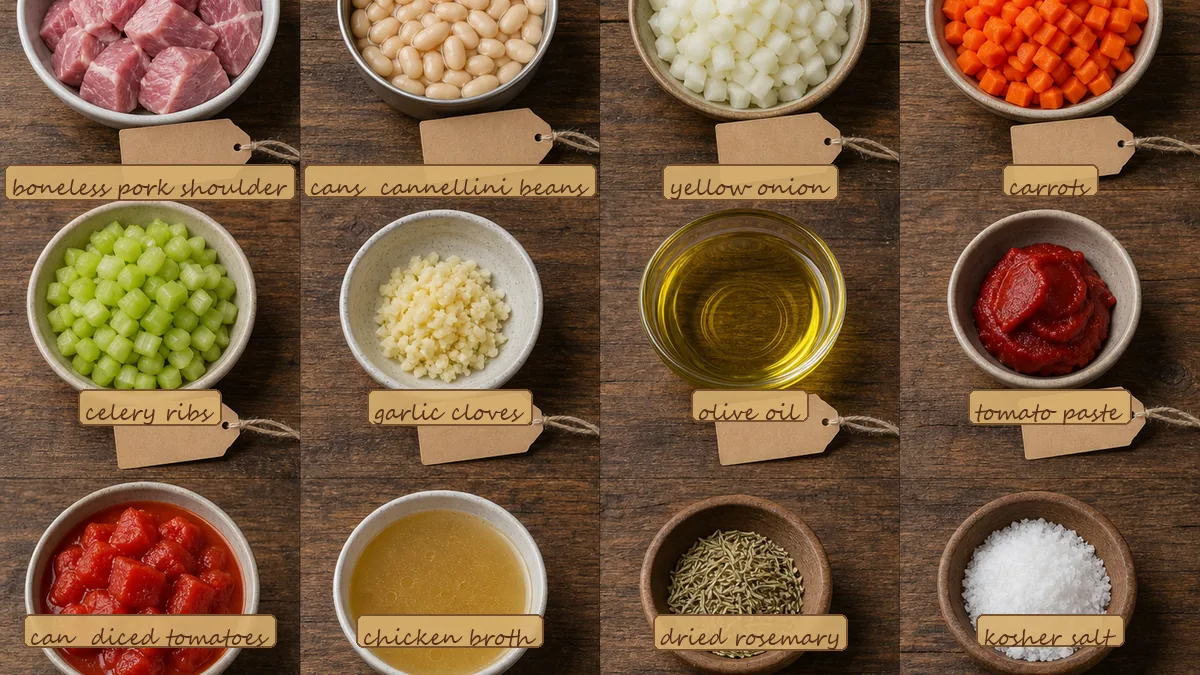 All ingredients for Pork White Bean Tomato Braise, labeled