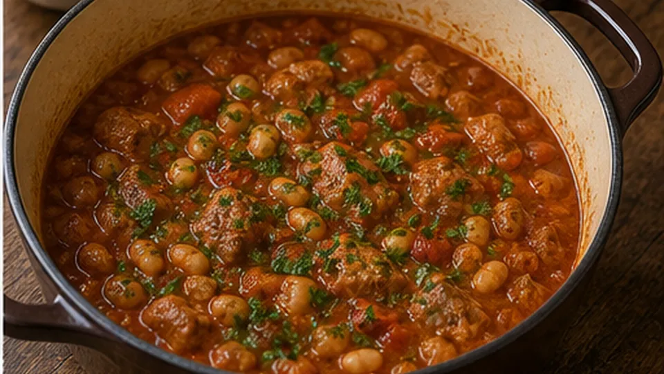 Finish with vinegar and parsley for Pork White Bean Tomato Braise
