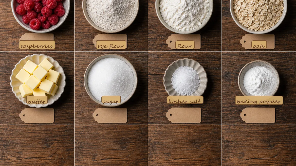 All ingredients for Raspberry Rye Crumb Bars, labeled