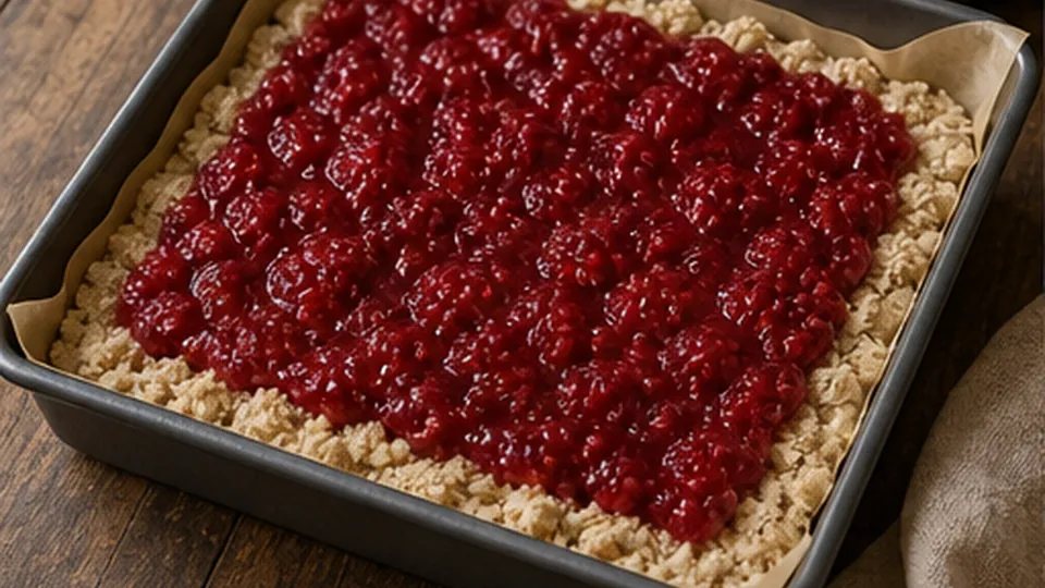 Spread the raspberry filling for Raspberry Rye Crumb Bars