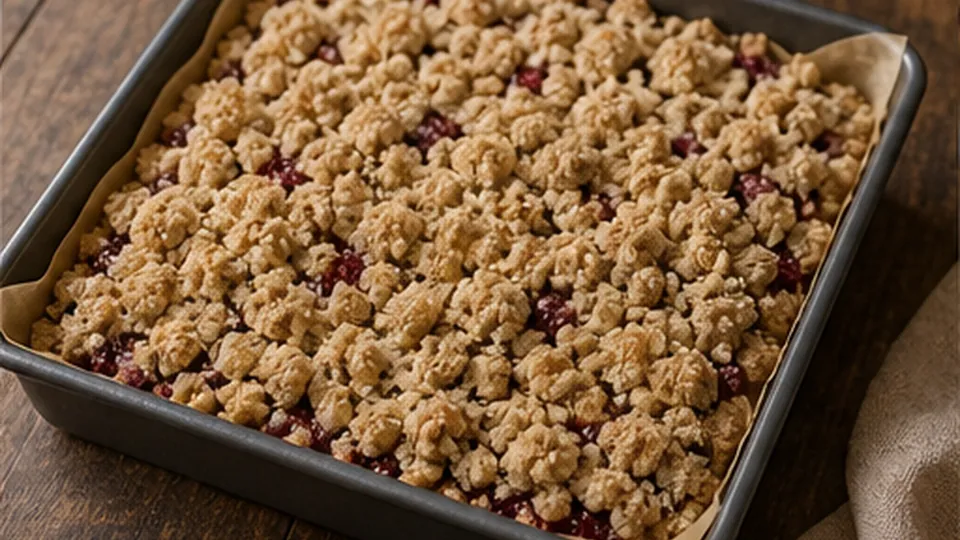 Scatter crumb and bake for Raspberry Rye Crumb Bars