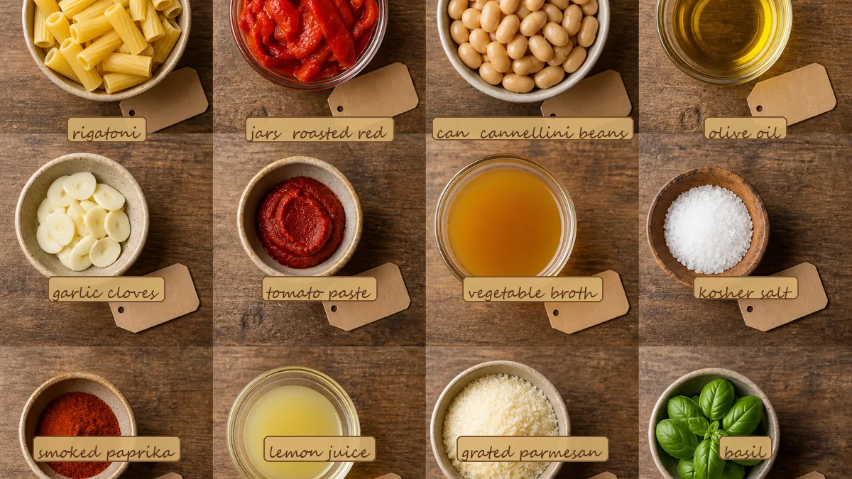 All ingredients for Roasted Red Pepper White Bean Pasta, labeled