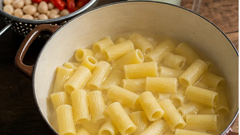 Boil the rigatoni for Roasted Red Pepper White Bean Pasta