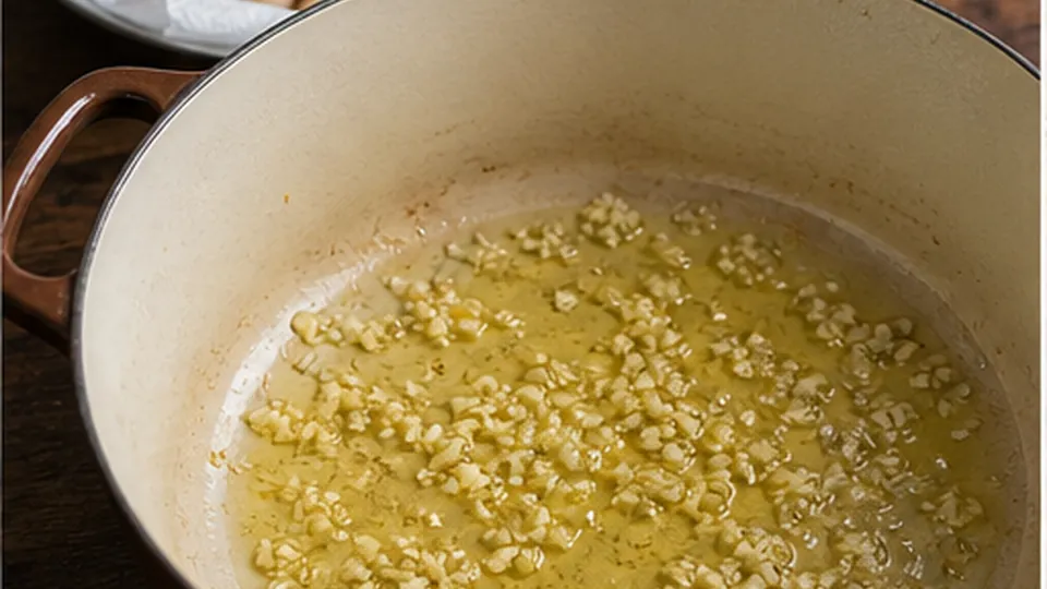 Sizzle garlic and paste for Roasted Red Pepper White Bean Pasta